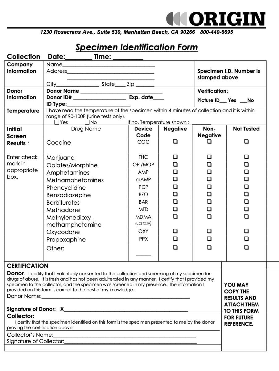 Forms Origin Drug Test